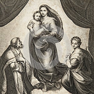Ancient engraved picture of Sistine Madonna photo